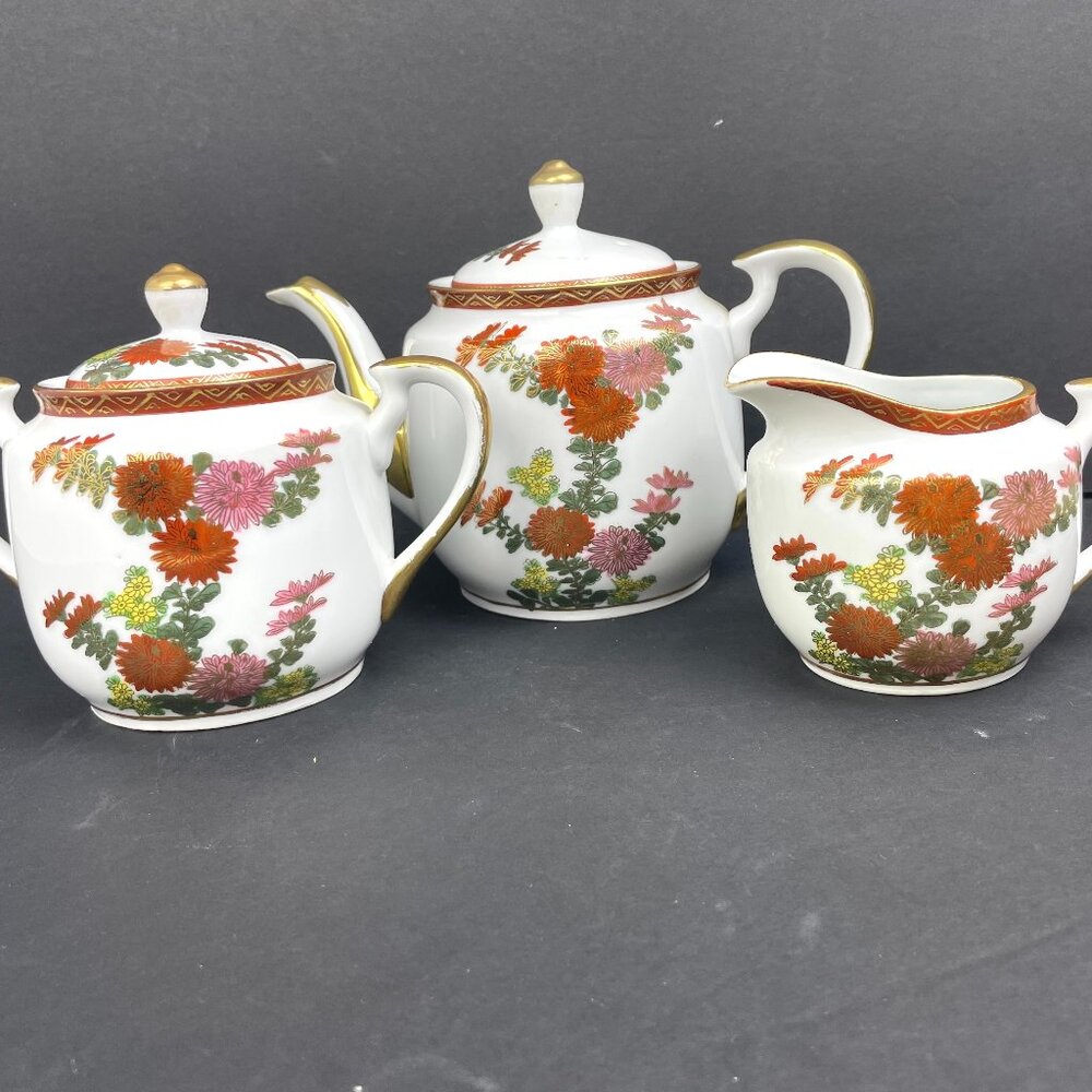 Vintage Set Kutani Japan Teapot,Sugar Bowl & Creamer Hand Painted Chrysanthemum